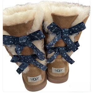 UGG Tan Boots with Navy Bows